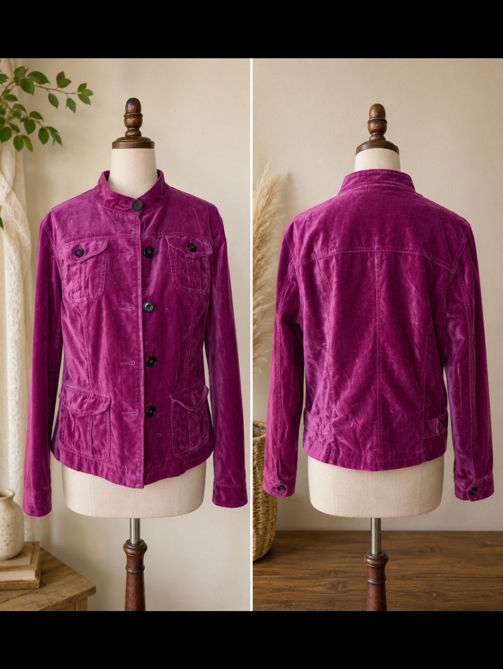 Covington ~ Vintage Magenta Velvet Button-Down Utility Jacket ~ Large